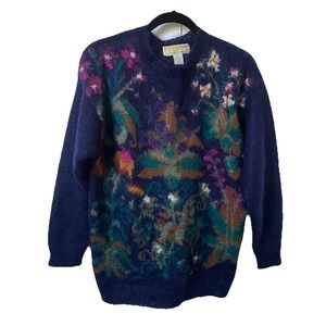 Vintage Michelle Stuart Navy Blue Mohair Wool Floral Intarsia Sweater M